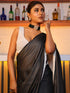 Pre-Draped 1-Minute Black Georgette with Cream Satin Saree with Blouse Fabric