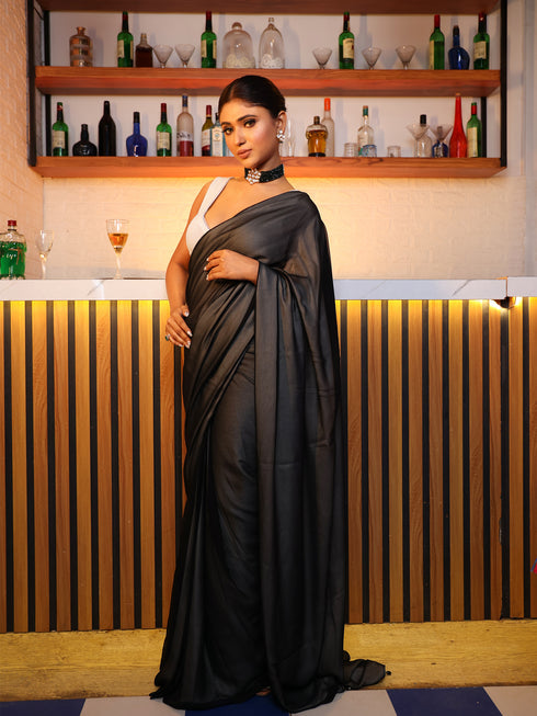 Pre-Draped 1-Minute Black Georgette with Cream Satin Saree with Blouse Fabric