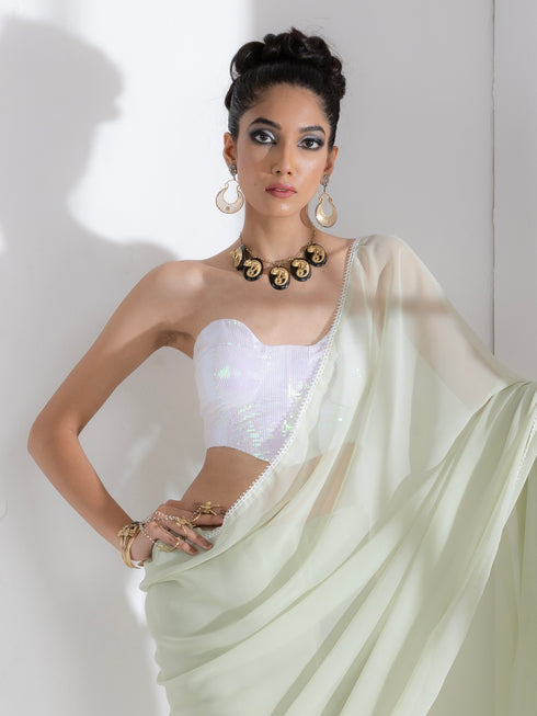 Macha Georgette Saree with Lace and Iridescent Sequin Blouse Fabric