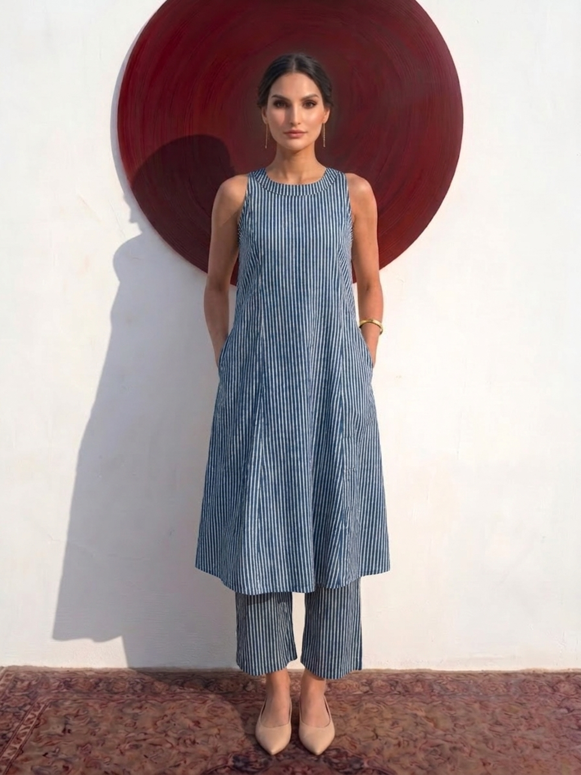 2 pc SET - Blue and White Stripe Printed Cotton Cambric Sleeveless Kurta and Pant