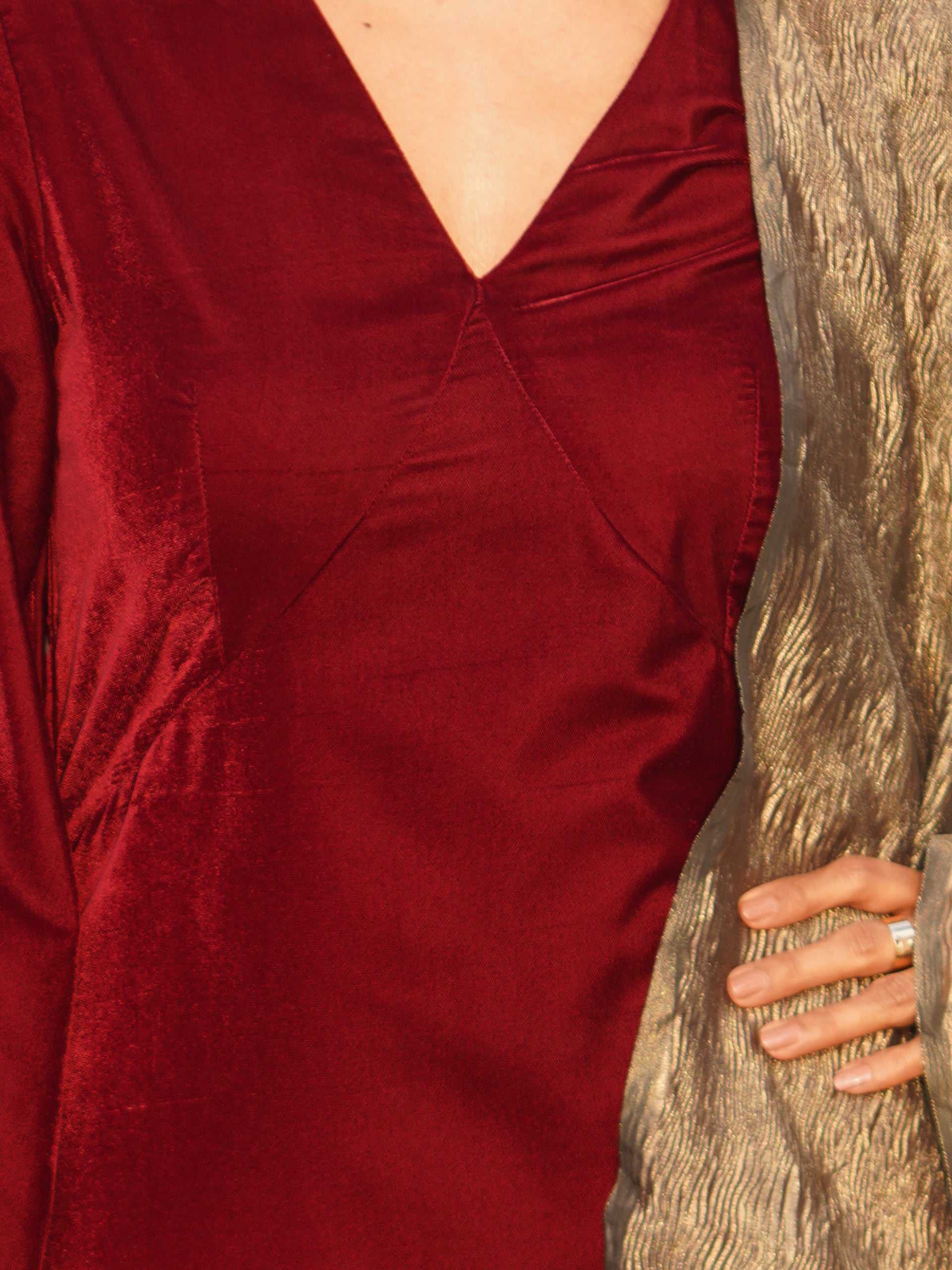Women's Maroon Velvet Kurta with Pant and Crushed Tissue Dupatta 3 Piece Set | Straight Fit, V Neck, Full Sleeves, Pants, Festive Wear, (Velvet)