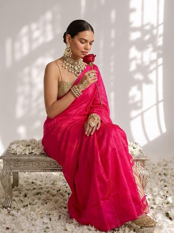 Fuchsia Modal Gajji Saree with Zari Pallu and Self Blouse Fabric