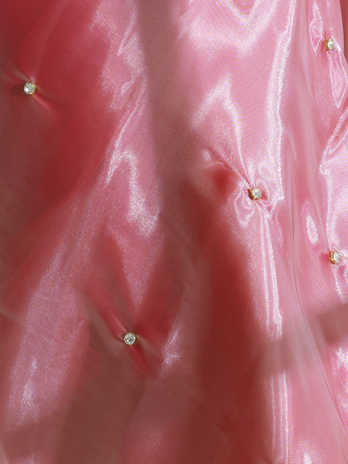 Pink Lotus Satin Organza Saree with Diamond Beads on Pallu