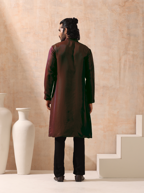 Reversible Maroon Green and Red Satin Kurta
