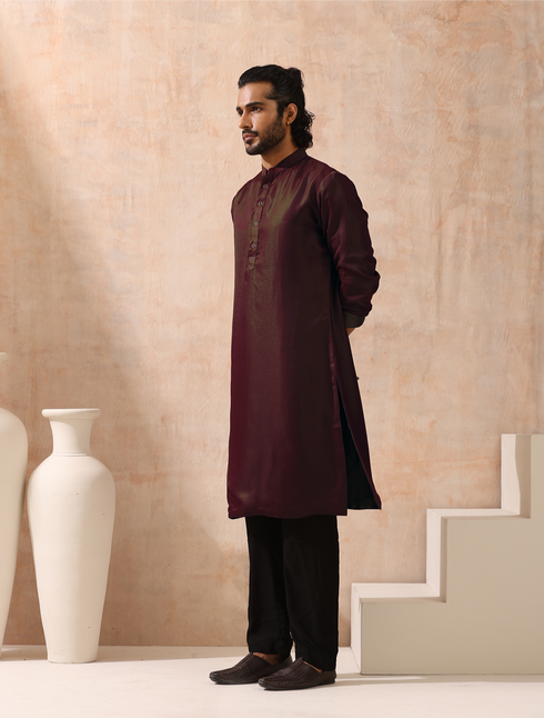 Reversible Maroon Green and Red Satin Kurta