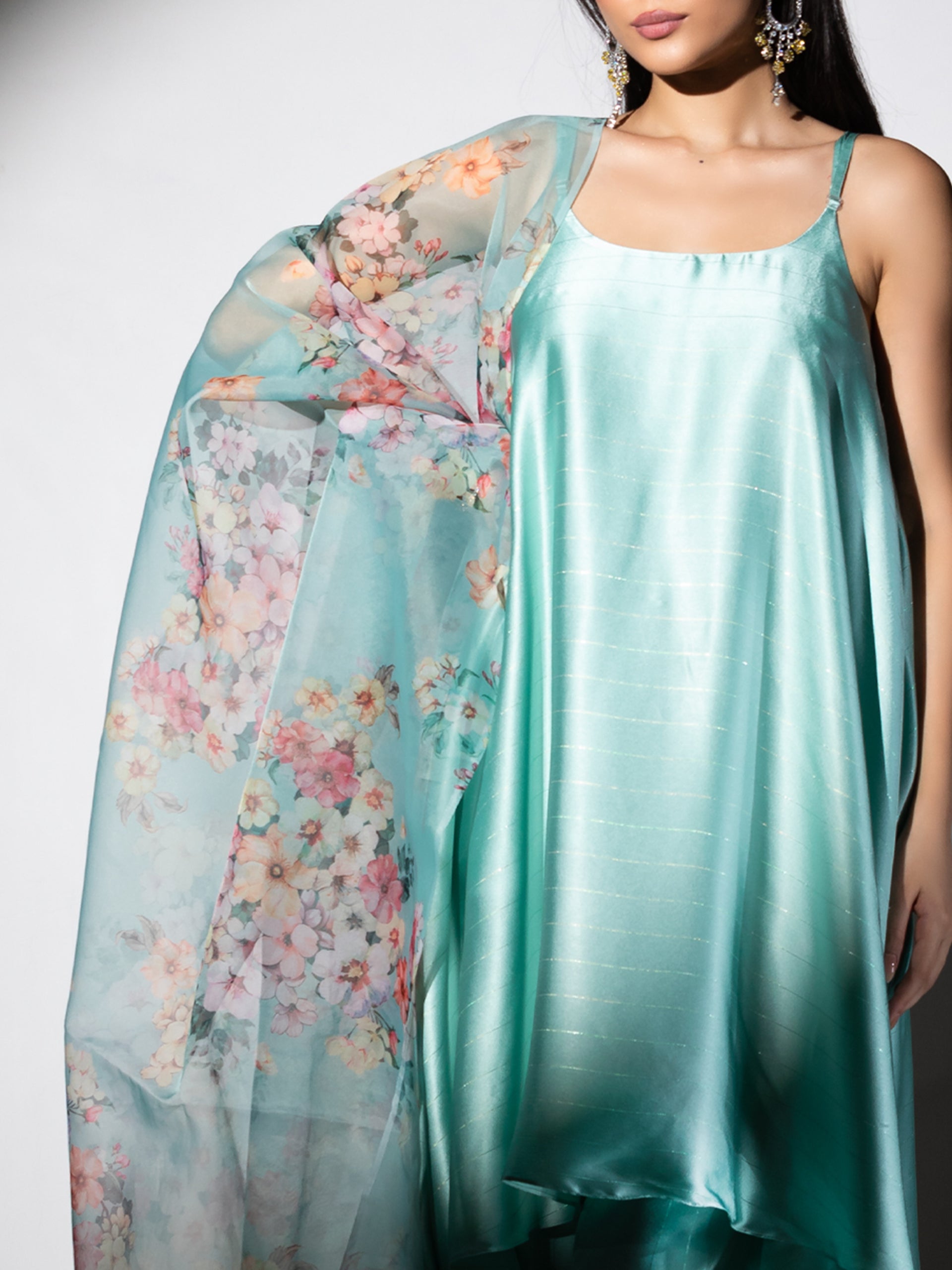 Women's Mint Stripe Satin Dress Set with Pants and Organza Printed Dupatta with Lace 3 Piece Set | Straight Fit, Round Neck, Sleeveless, Pants, Partywear, (Satin Organza)