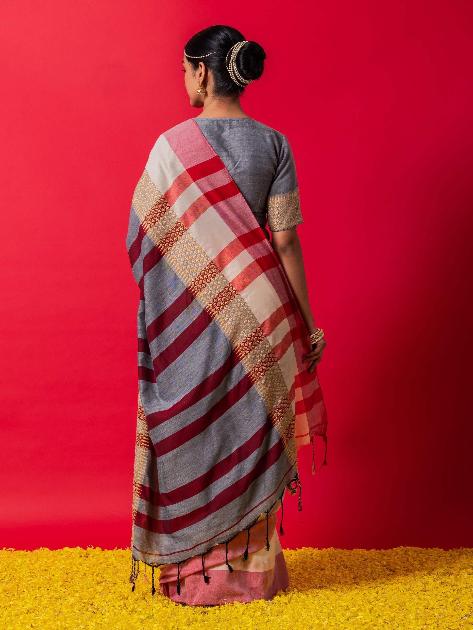 Grey Ivory and Red Stripe Soft Khadi Handloom Saree