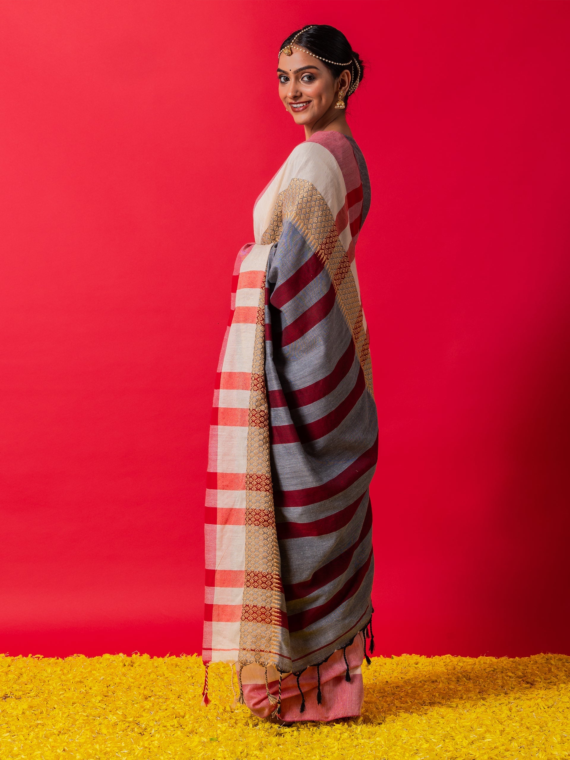 Grey Ivory and Red Stripe Soft Khadi Handloom Saree
