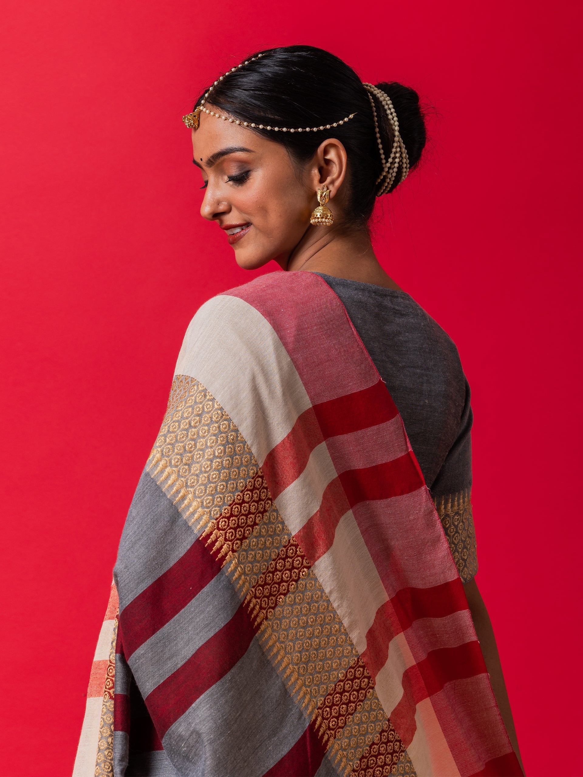 Grey Ivory and Red Stripe Soft Khadi Handloom Saree