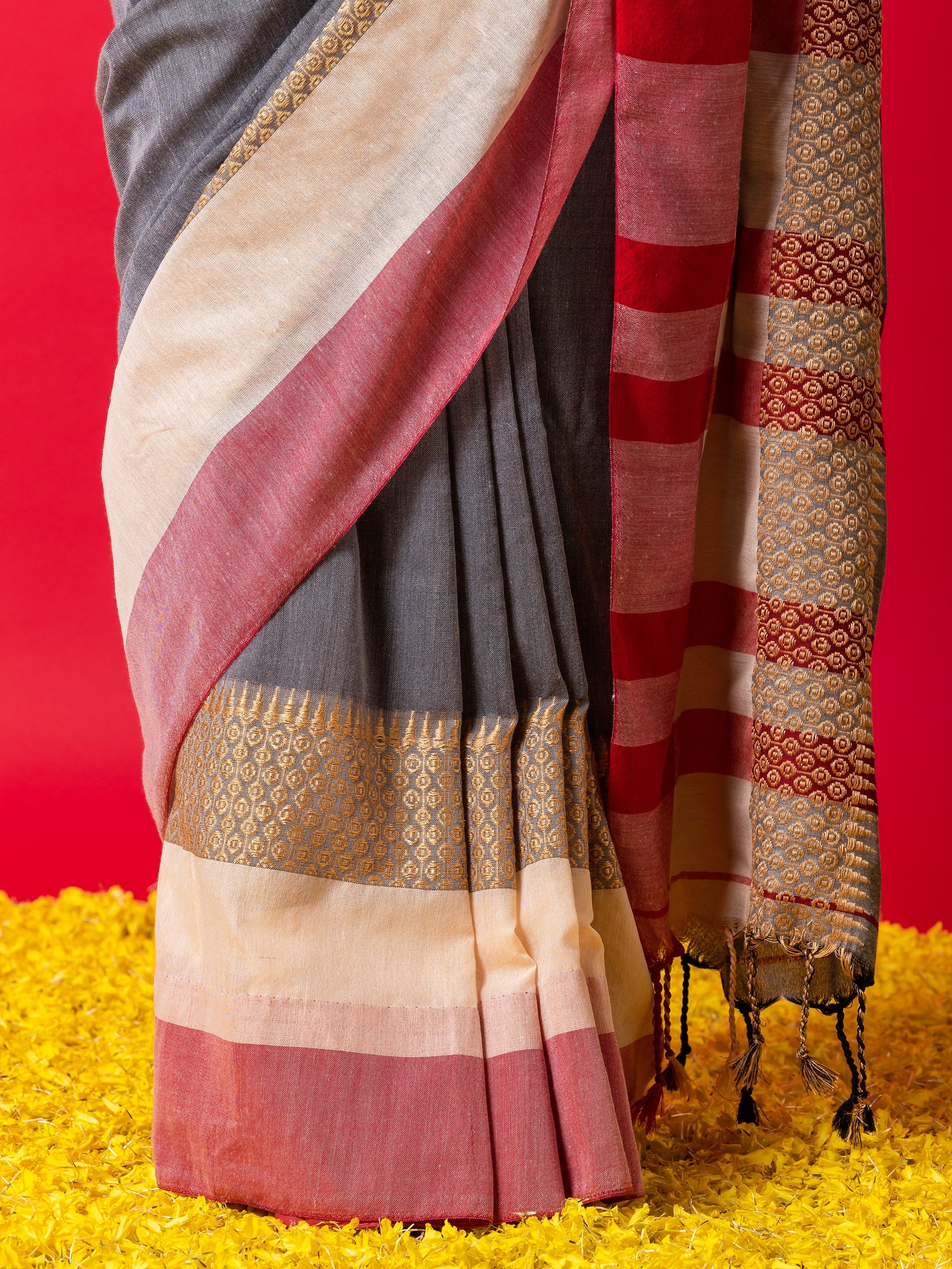 Grey Ivory and Red Stripe Soft Khadi Handloom Saree