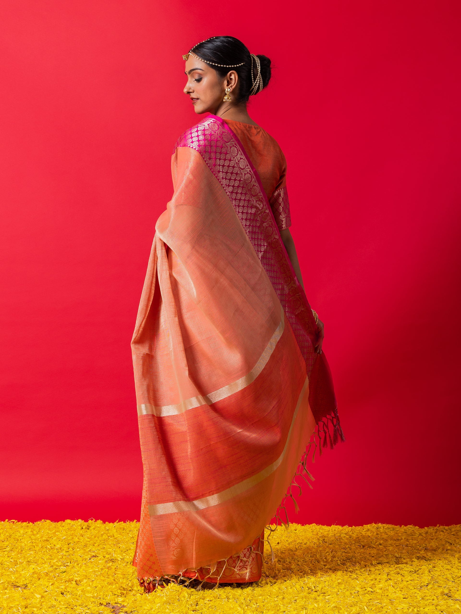 Peach Ganga Yamuna Muga Tissue Saree with Blouse Fabric