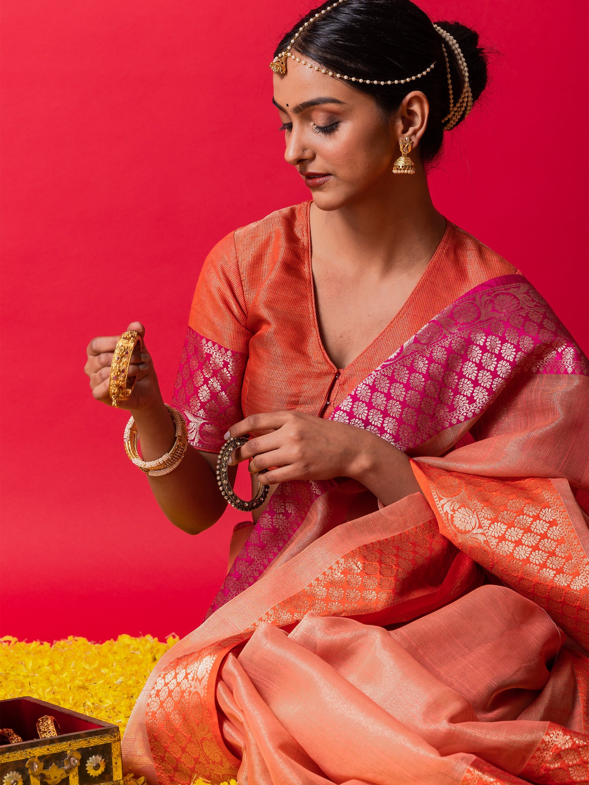 Peach Ganga Yamuna Muga Tissue Saree with Blouse Fabric