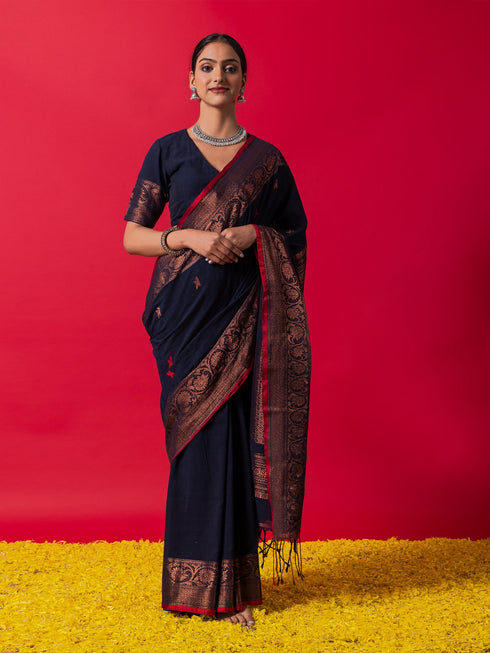 Pure Neelkanth Bronze Jamdani Cotton Saree with Blouse Fabric