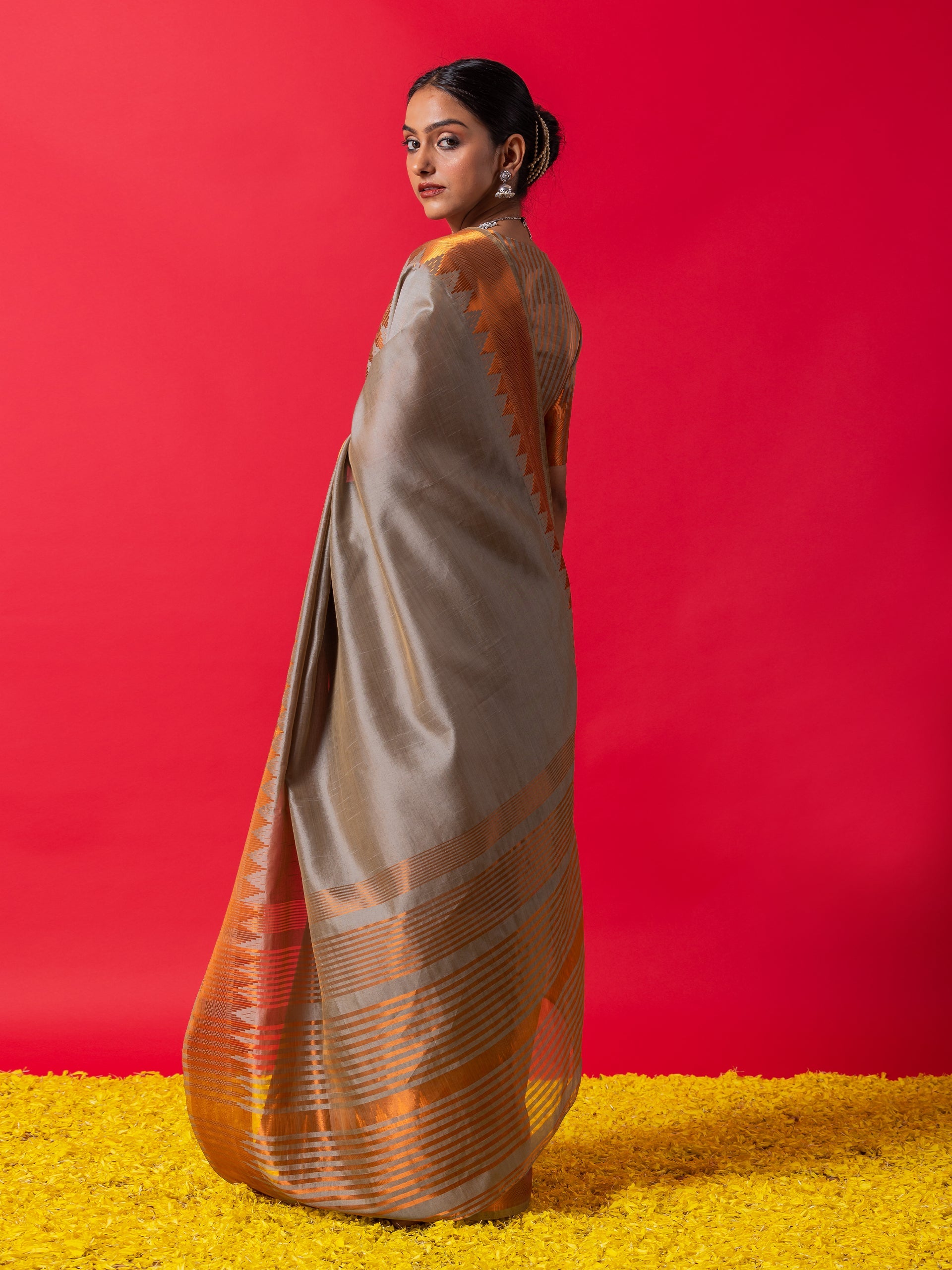 Kansya Grey Temple Saree with Blouse Fabric
