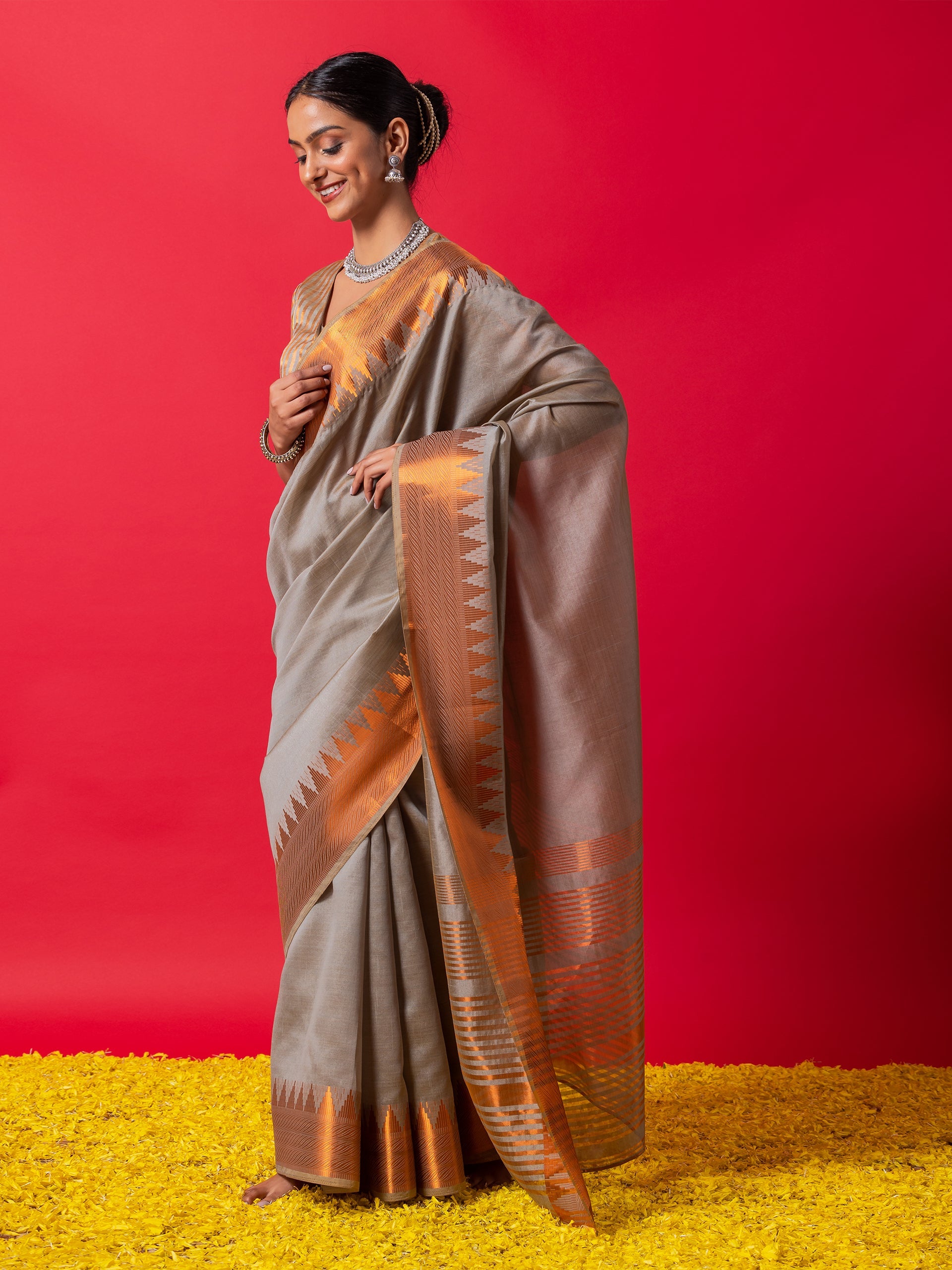Kansya Grey Temple Saree with Blouse Fabric