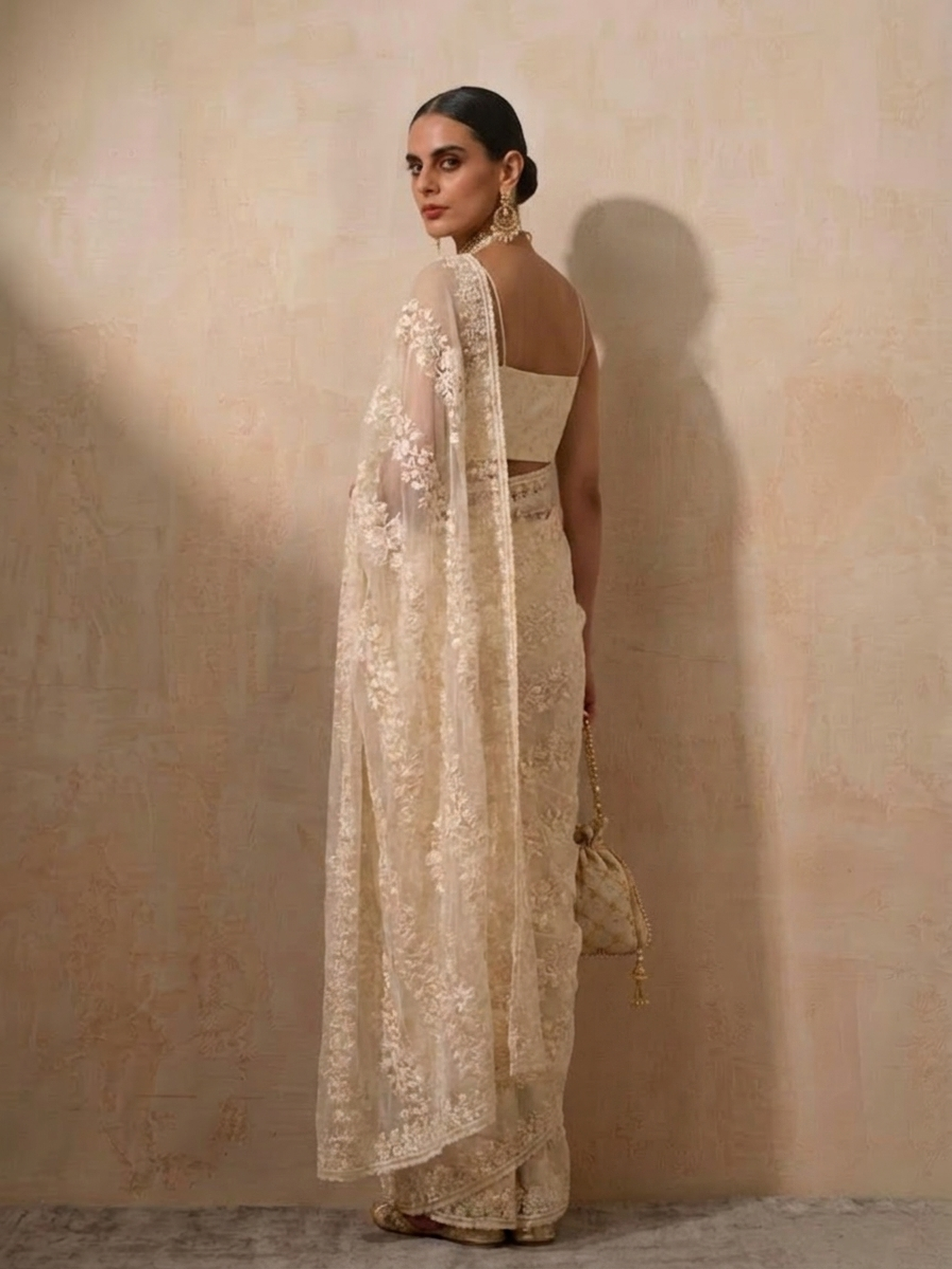 Cream Stripe Lace Saree with Sequin and Blouse Fabric