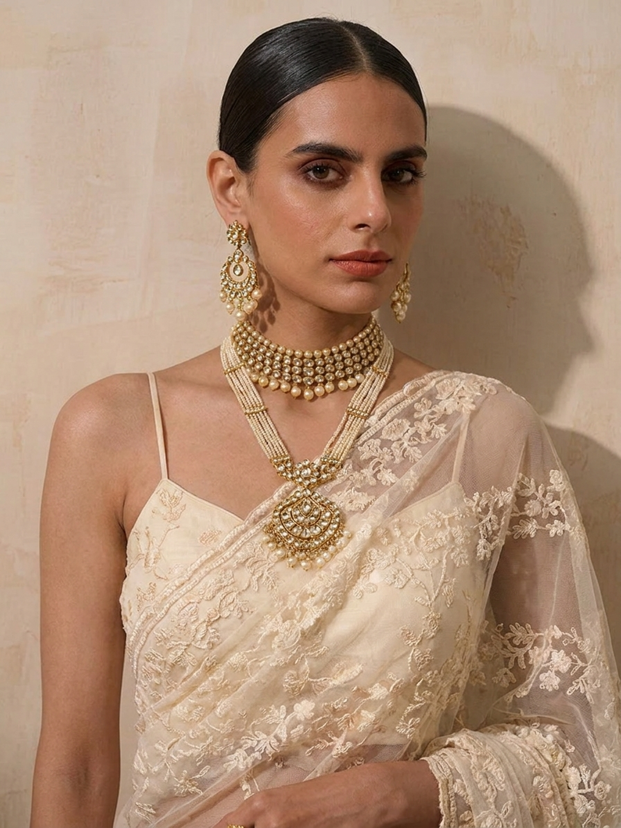 Cream Stripe Lace Saree with Sequin and Blouse Fabric