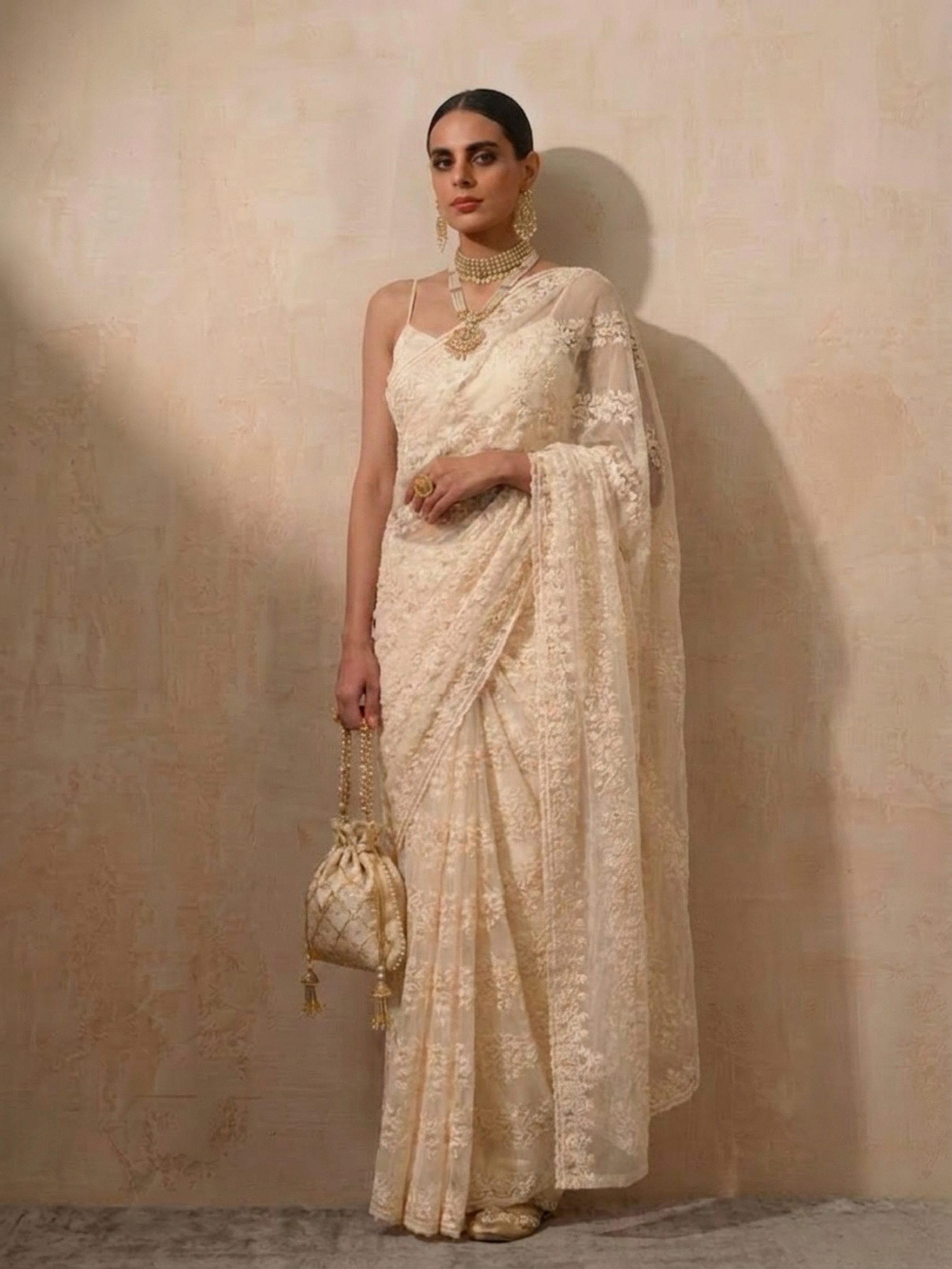 Cream Stripe Lace Saree with Sequin and Blouse Fabric