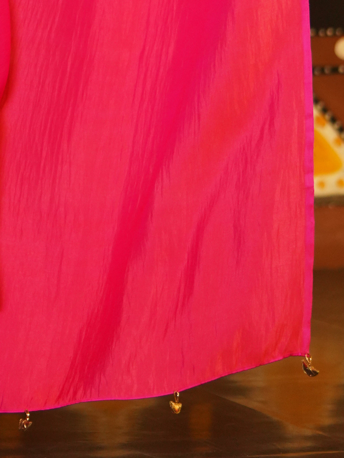 Pre-Draped 1-Minute Fuchsia Satin Saree with Gold Handmade Pendants and Blouse Fabric