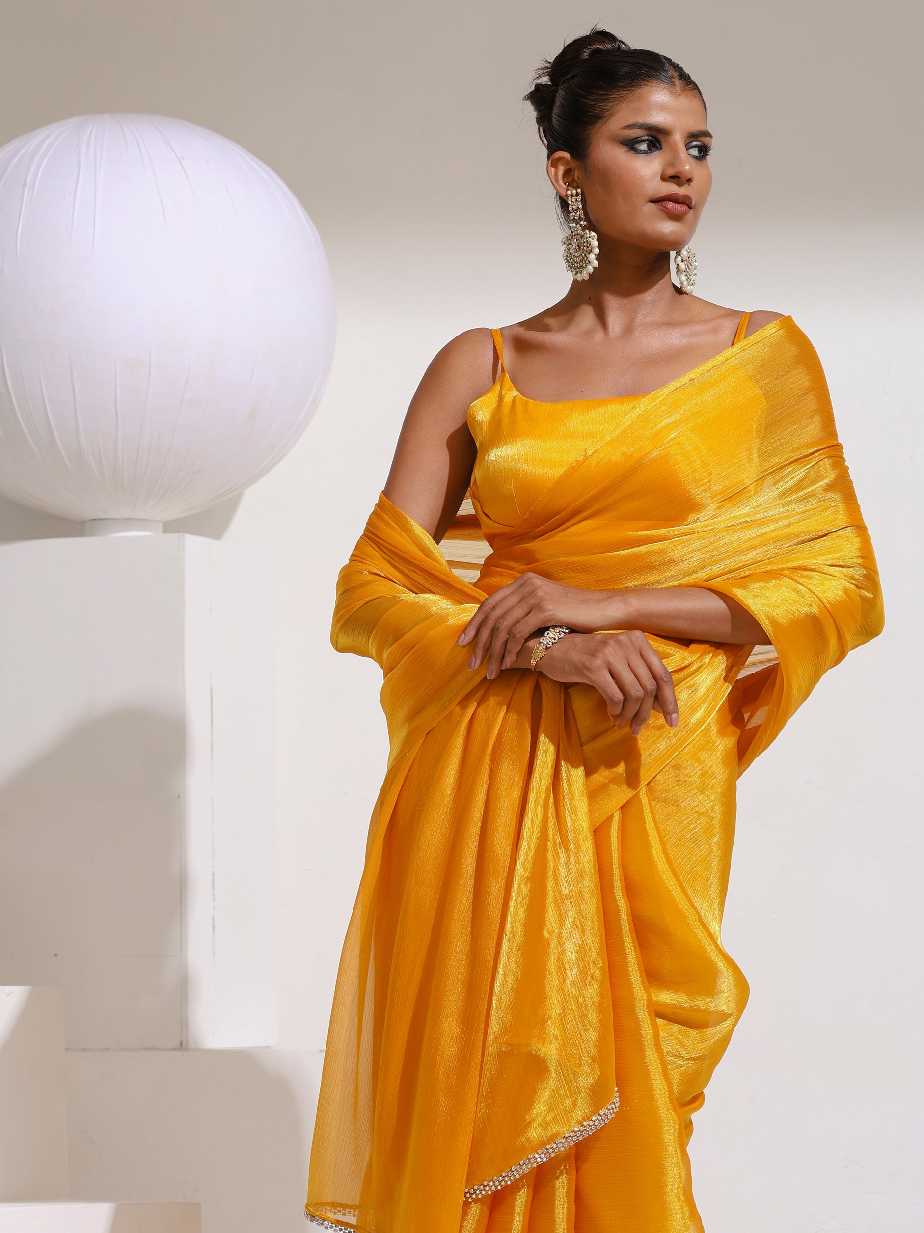 Sizzlin Saffron Organza Chiffon saree with Rainbow Stone Lace and Self Blouse Fabric