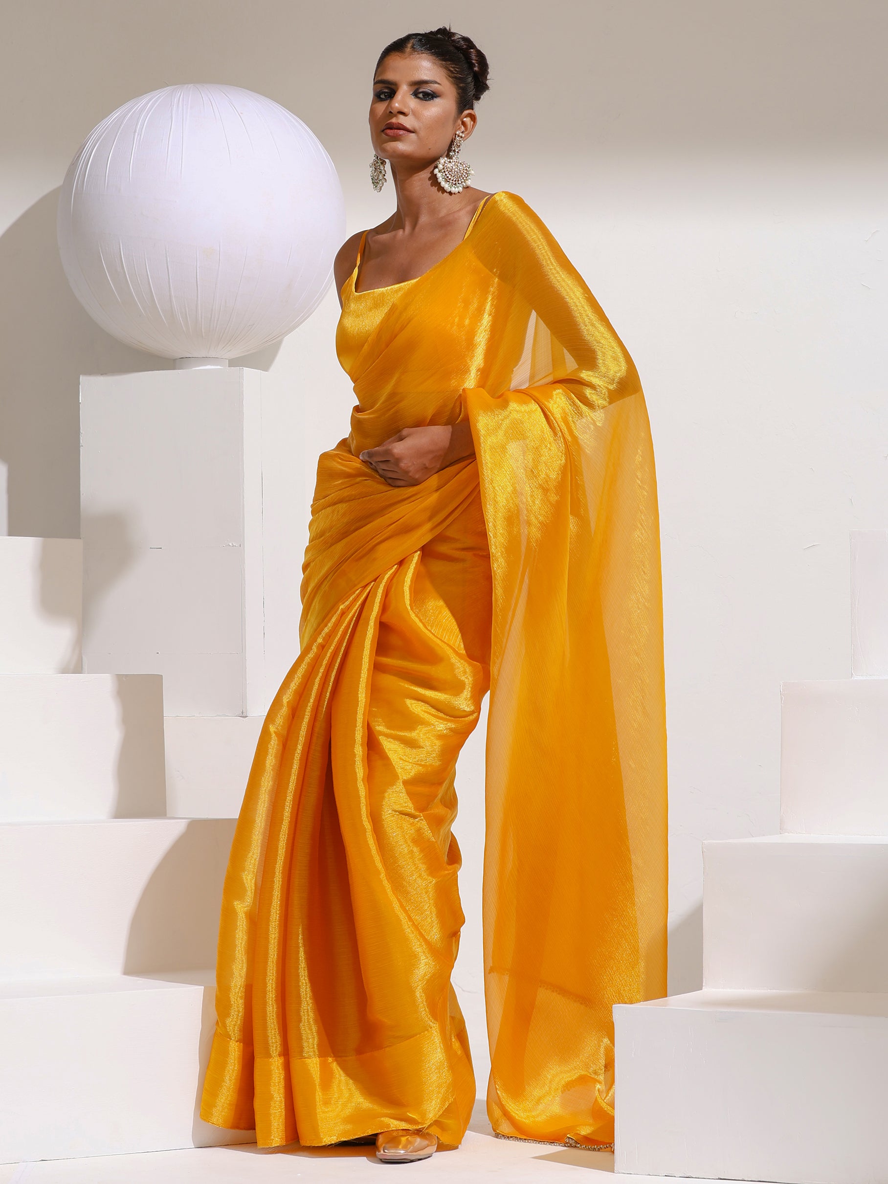 Sizzlin Saffron Organza Chiffon saree with Rainbow Stone Lace and Self Blouse Fabric