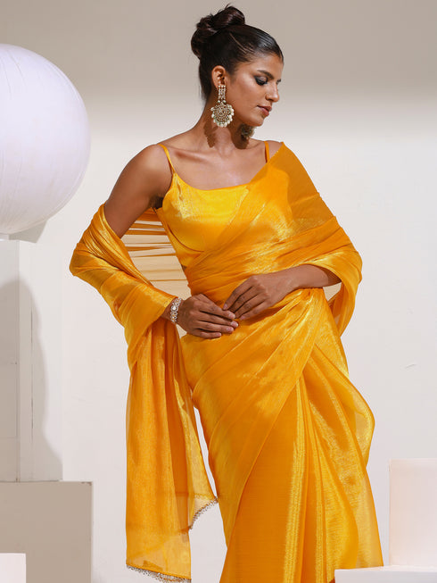 Sizzlin Saffron Organza Chiffon saree with Rainbow Stone Lace and Self Blouse Fabric