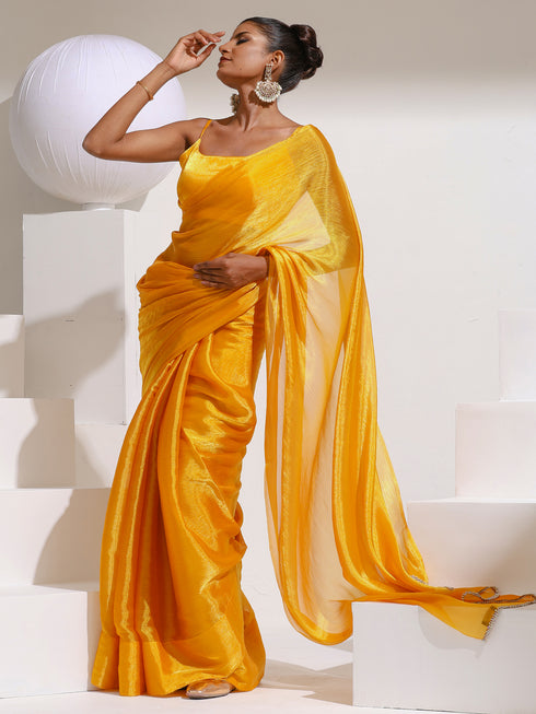 Sizzlin Saffron Organza Chiffon saree with Rainbow Stone Lace and Self Blouse Fabric