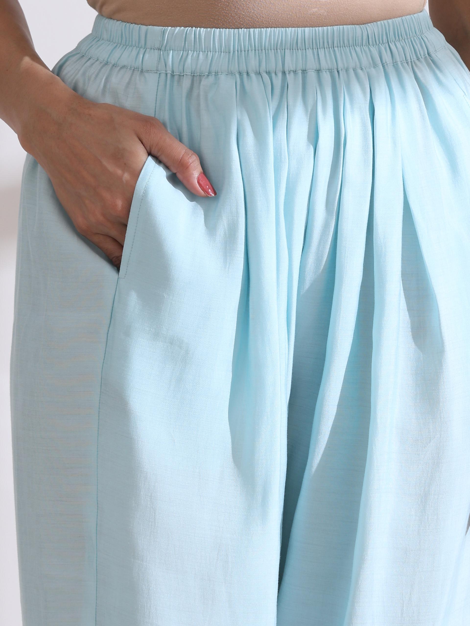 Women's Light Blue Kurta with White Flowers and Pants 2 Piece Set | A-Line, Round Neck, 3/4 Sleeves, Work Wear (AirSkin Cotton Silk Blend)