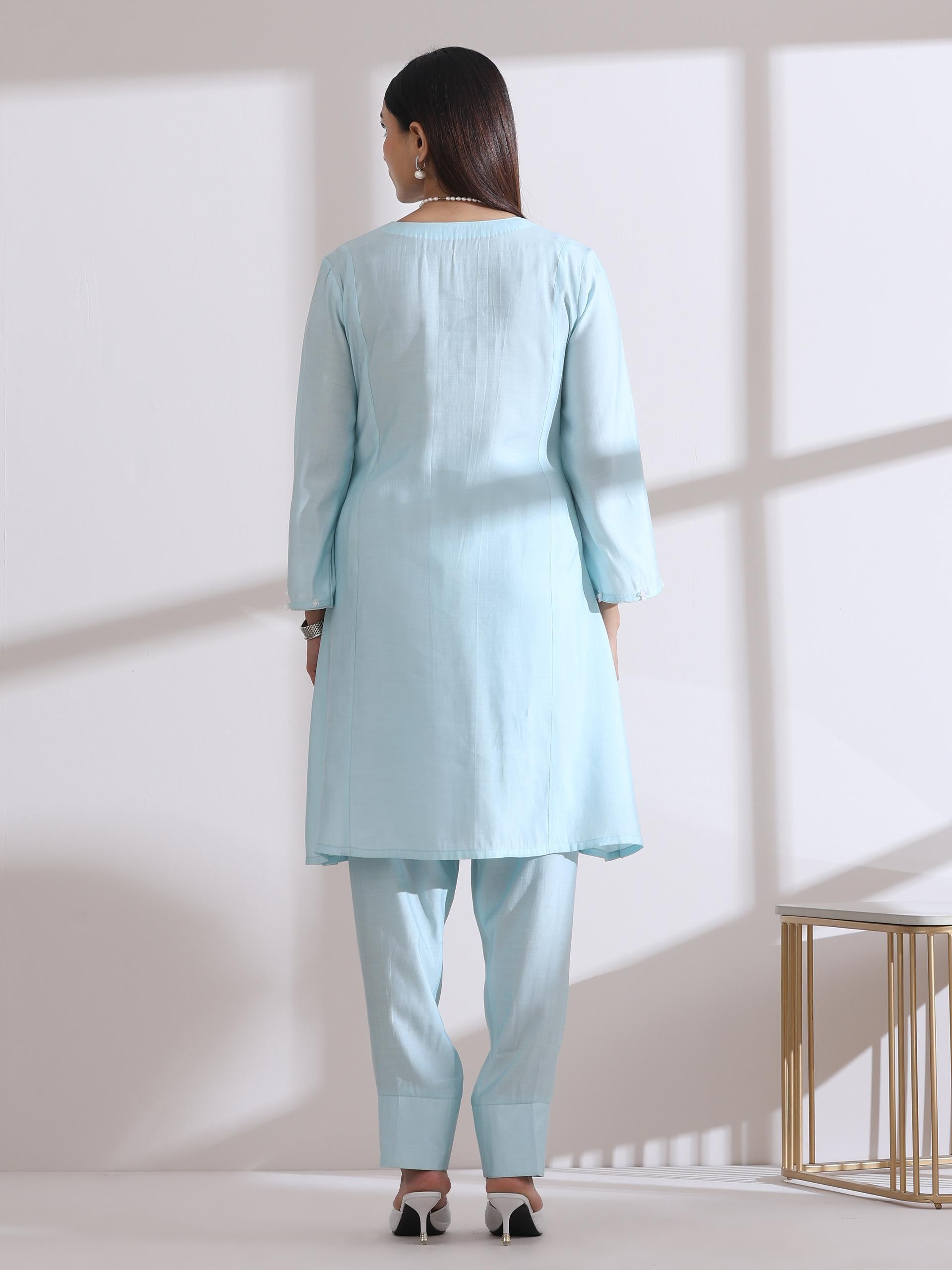 Women's Light Blue Kurta with White Flowers and Pants 2 Piece Set | A-Line, Round Neck, 3/4 Sleeves, Work Wear (AirSkin Cotton Silk Blend)
