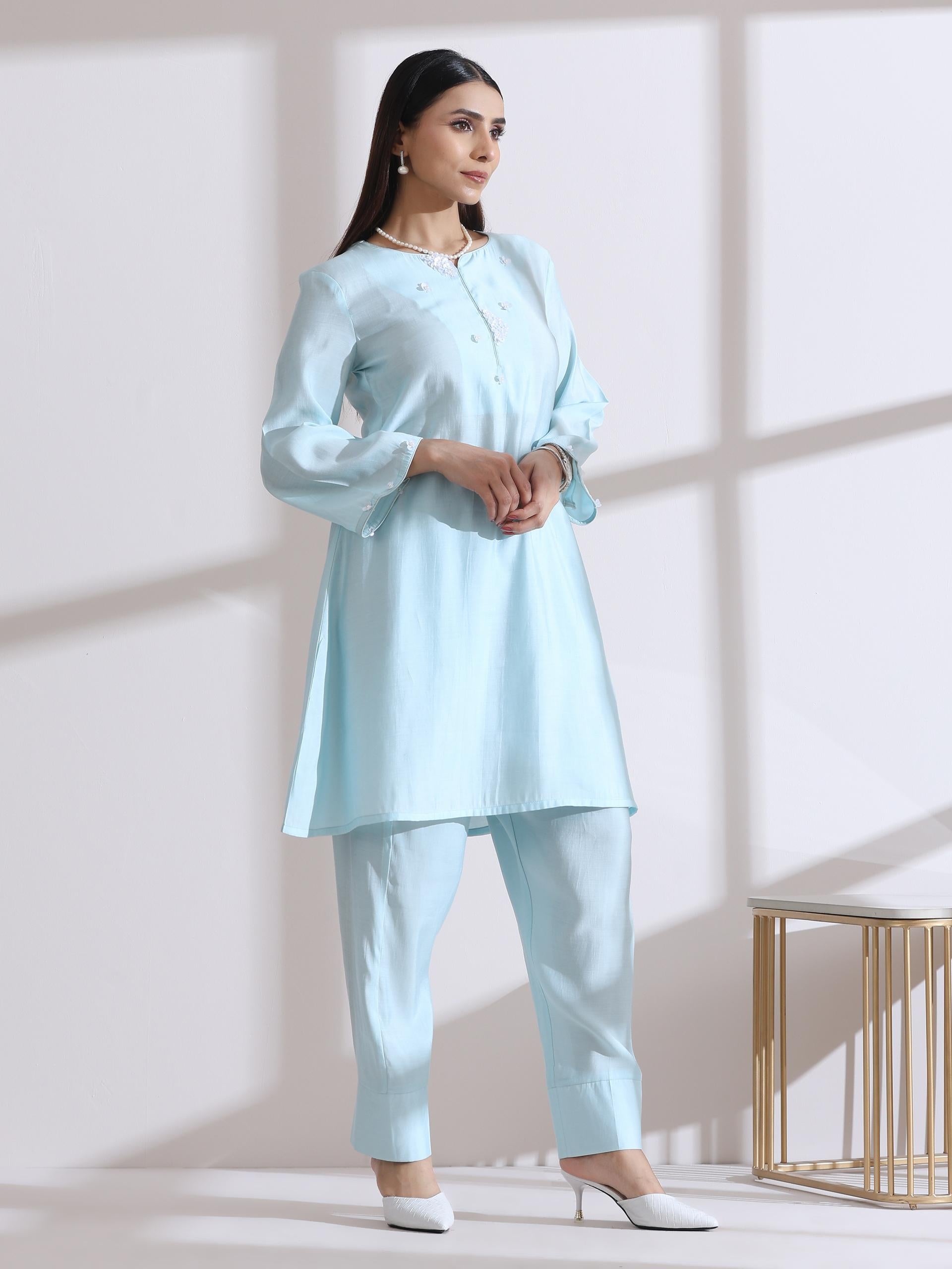 Women's Light Blue Kurta with White Flowers and Pants 2 Piece Set | A-Line, Round Neck, 3/4 Sleeves, Work Wear (AirSkin Cotton Silk Blend)
