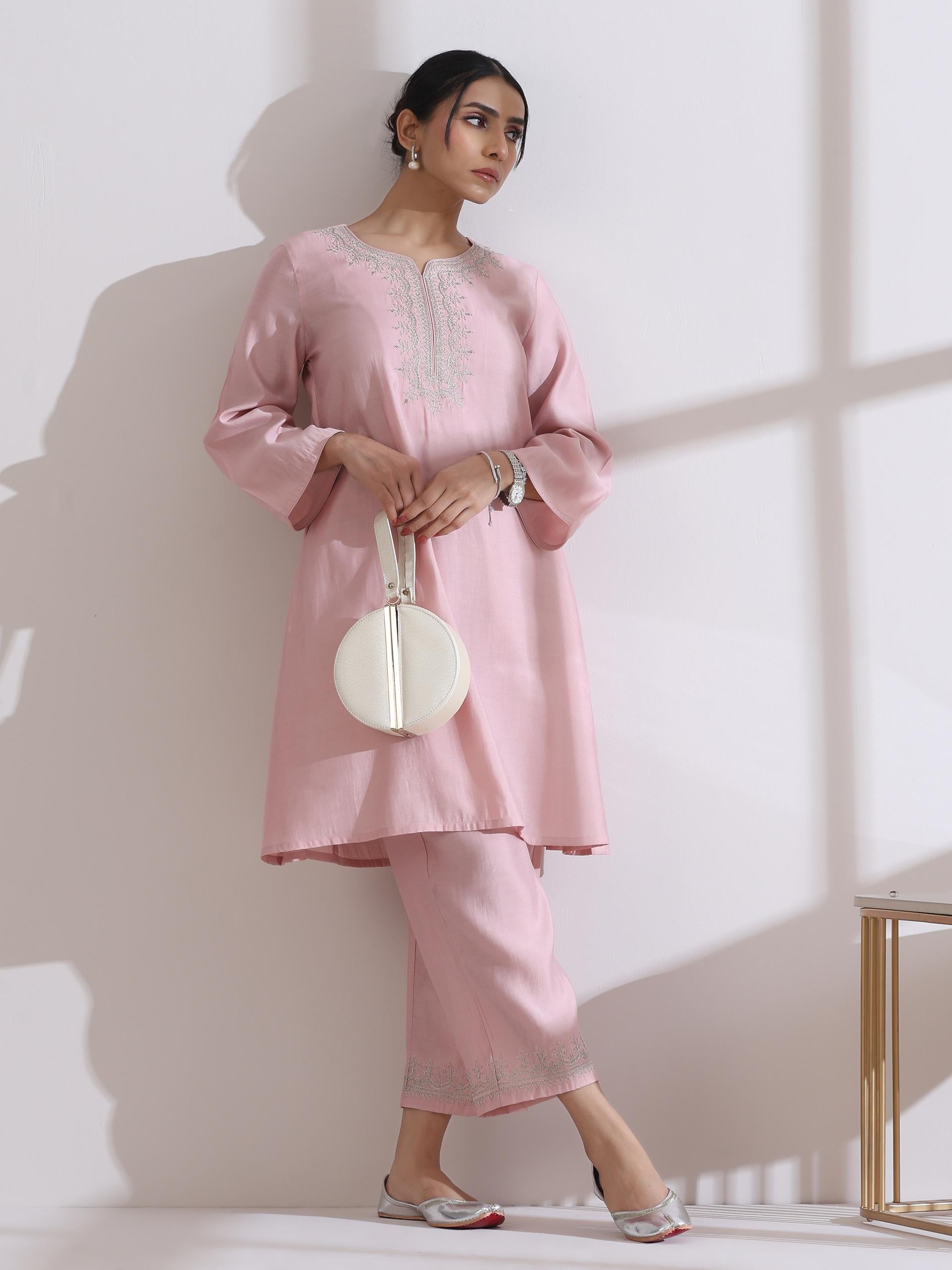 Women's Light Pink Kurta with Embroidery on Top and Pants 2 Piece Set | A-Line, Round Neck, 3/4 Sleeves, Workwear, Casual (AirSkin Cotton Silk Blend)