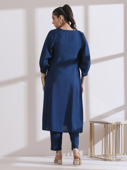 Women's Navy Blue Kurta with Girl Embroidery and Pants 2 Piece Set | A-Line, V Neck, 3/4 Sleeves, Work Wear, (AirSkin Cotton Silk Blend)