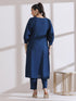 Women's Navy Blue Kurta with Girl Embroidery and Pants 2 Piece Set | A-Line, V Neck, 3/4 Sleeves, Work Wear, (AirSkin Cotton Silk Blend)