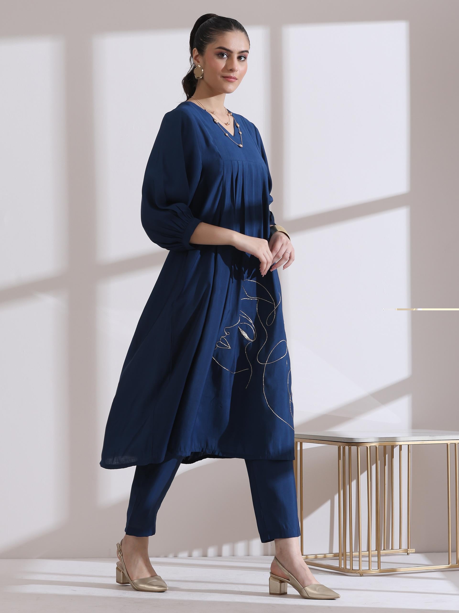 Women's Navy Blue Kurta with Girl Embroidery 1 Piece | A-Line, V Neck, 3/4 Sleeves, Work Wear, (AirSkin Cotton Silk Blend)
