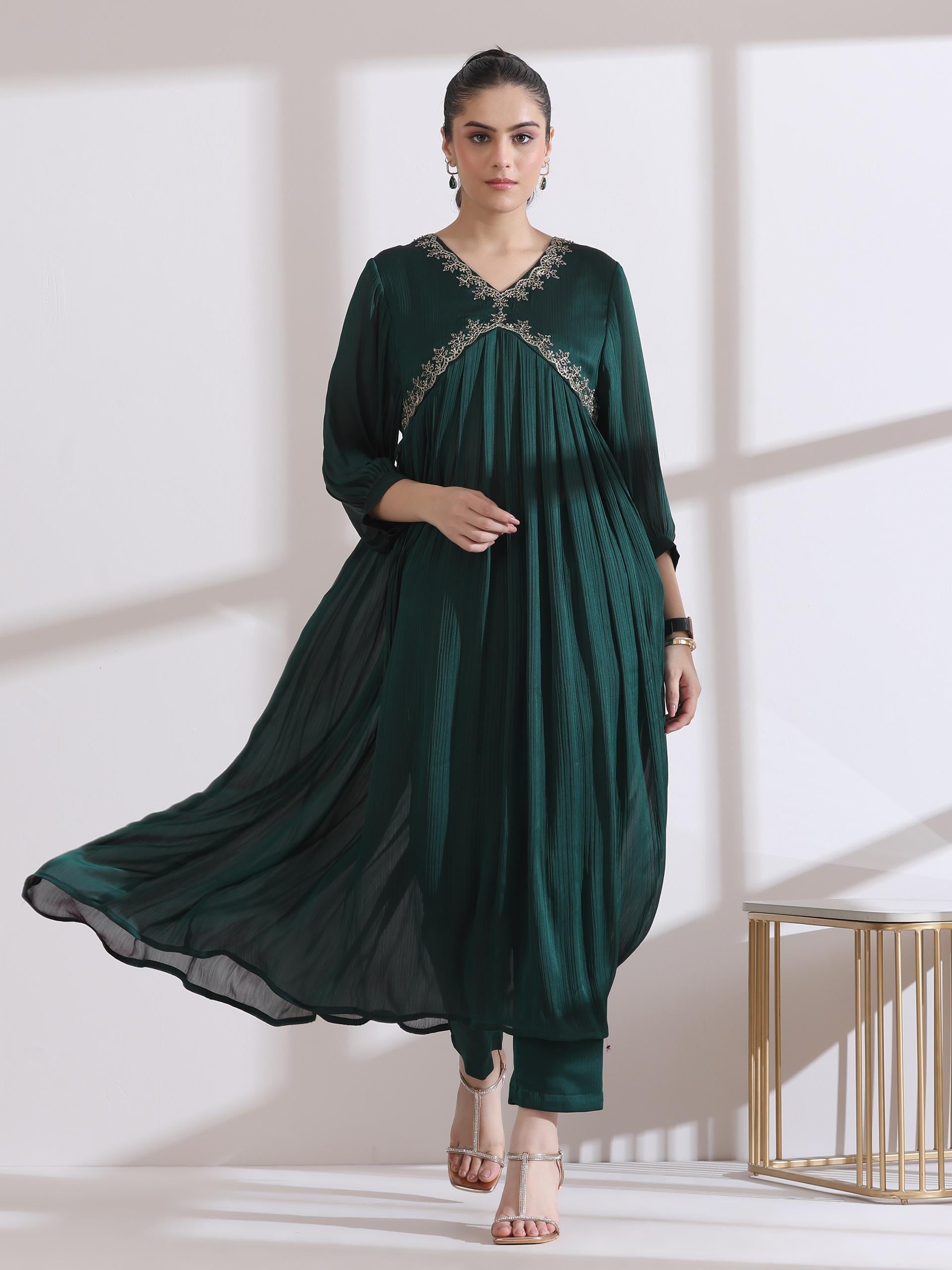 Women's Dual Shade Emerald Butter Chiffon Embroidered Kurta with Matching Pants and Dupatta 3 Piece Set | Straight Fit, Round Neck, 3/4 Sleeves, Dupatta, Festive Wear