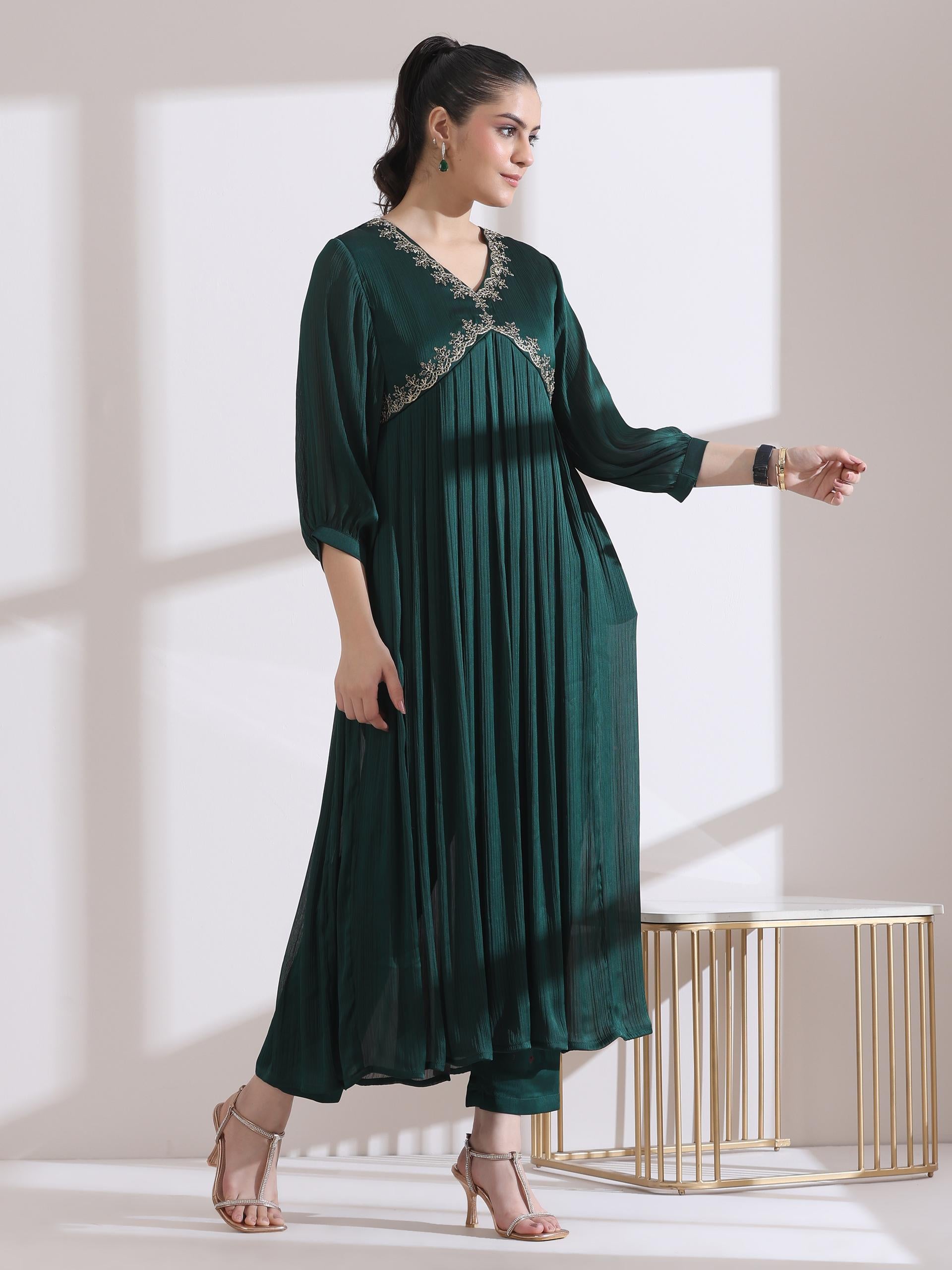 Women's Dual Shade Emerald Butter Chiffon Embroidered Kurta with Matching Pants and Dupatta 3 Piece Set | Straight Fit, Round Neck, 3/4 Sleeves, Dupatta, Festive Wear