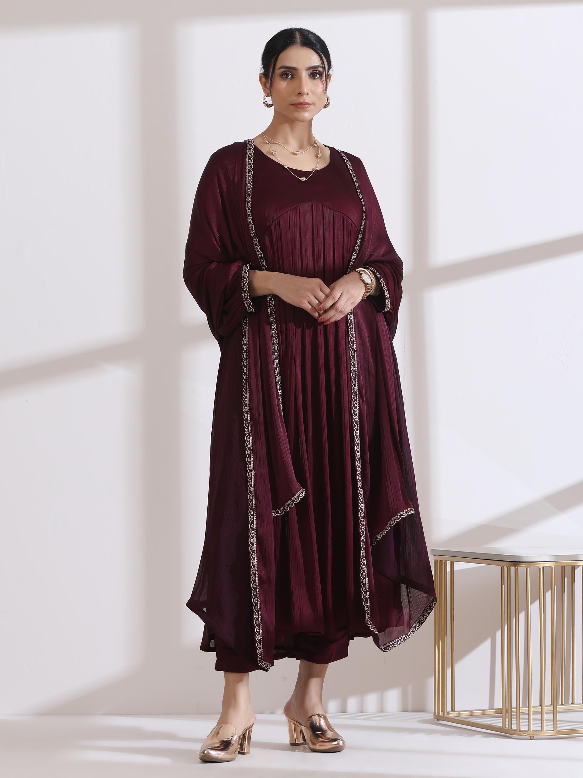 3 Pc Set - Dual Shade Maroon Butter Chiffon Anarkali Kurta With Matching Pants And Embroidered Dupatta