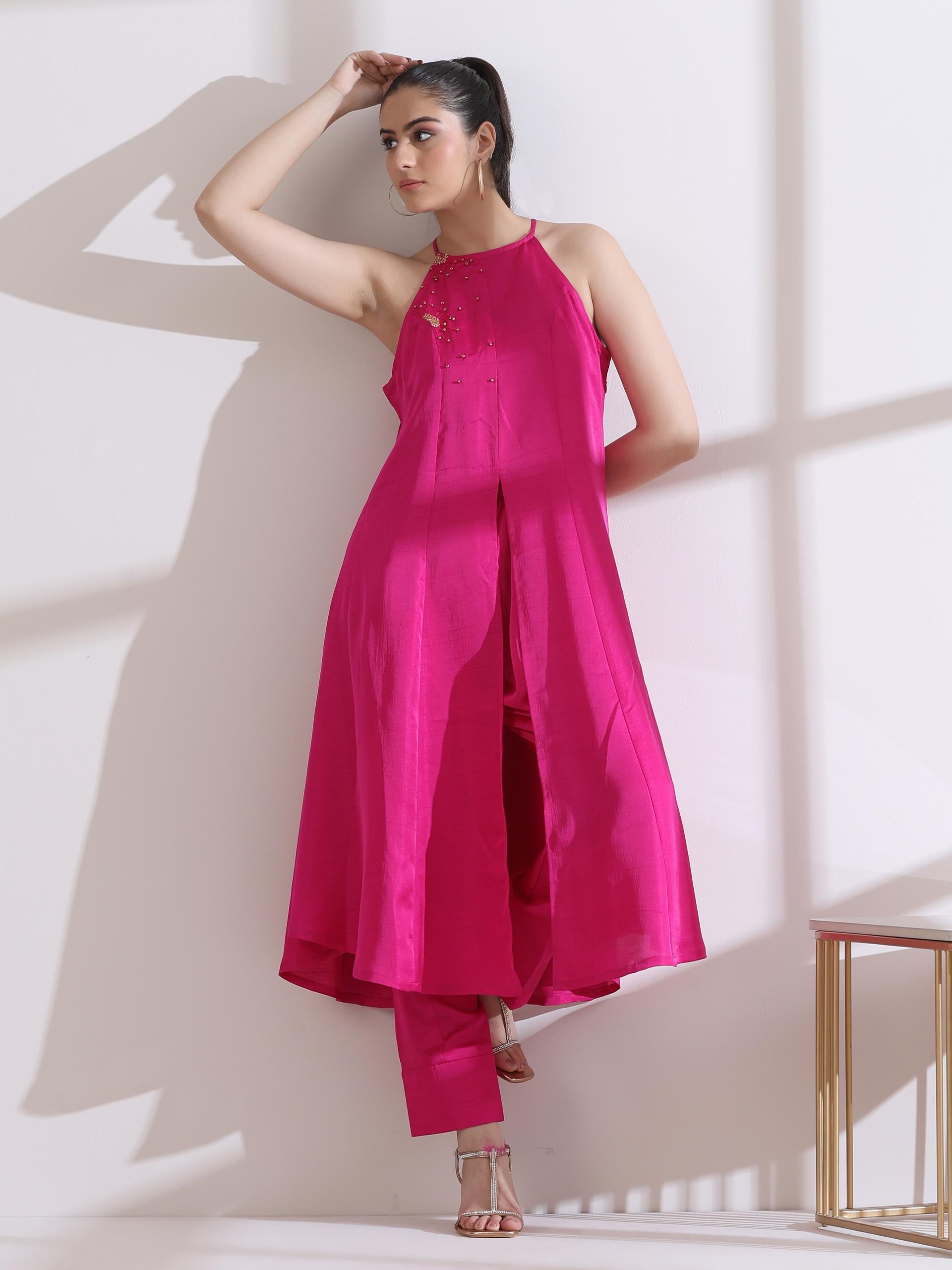 Women's Fuchsia Halter Beaded Kurta with Pants 2 Piece Set | Straight Fit, Halter Neck, Sleeveless, Pants, Festive Wear, (Lux Fabric)