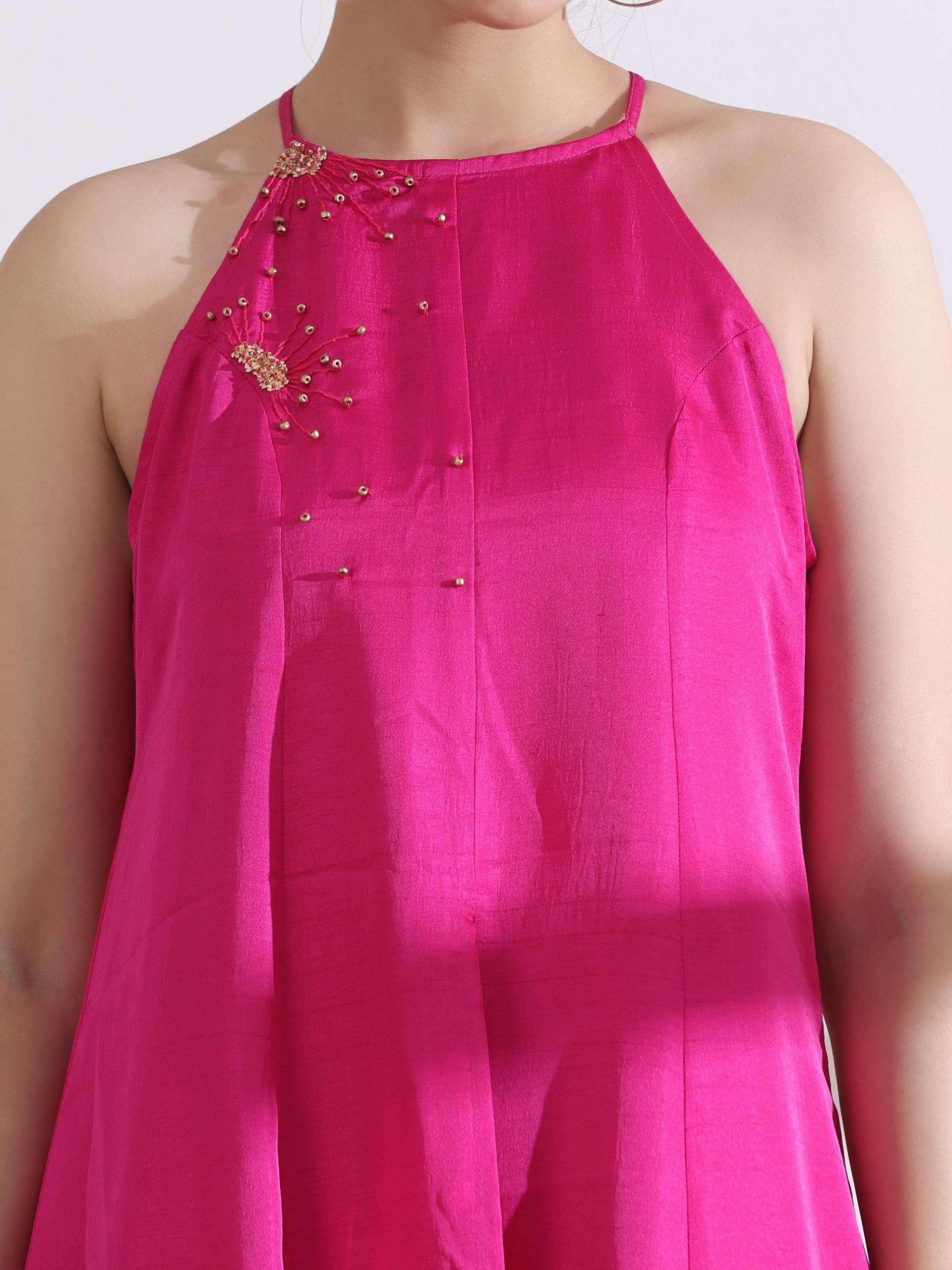 Women's Fuchsia Halter Beaded Kurta with Pants 2 Piece Set | Straight Fit, Halter Neck, Sleeveless, Pants, Festive Wear, (Lux Fabric)