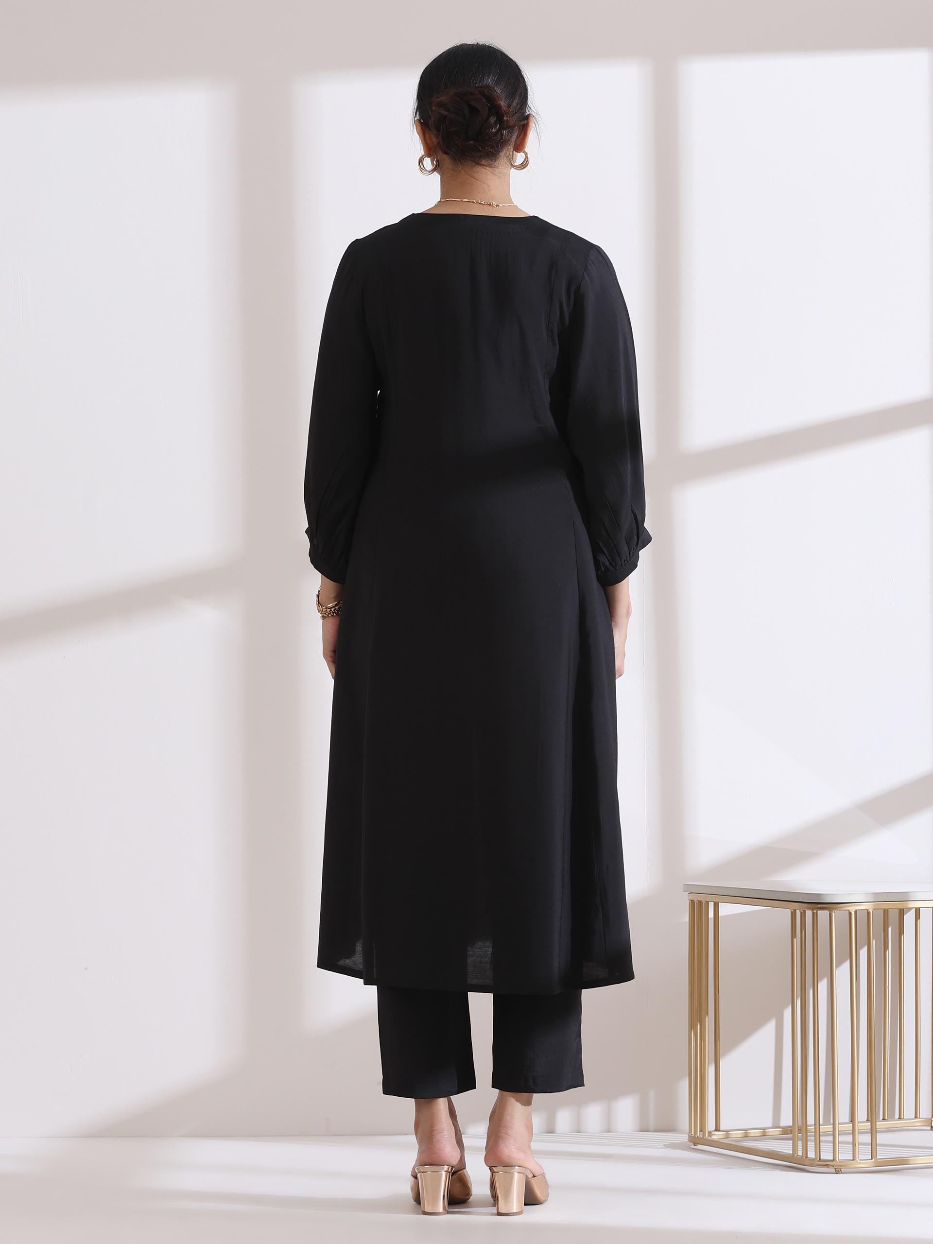Women's Black Kurta with Girl Embroidery and Pants 2 Piece Set | A-Line, V Neck, 3/4 Sleeves, Work Wear, (AirSkin Cotton Silk Blend)