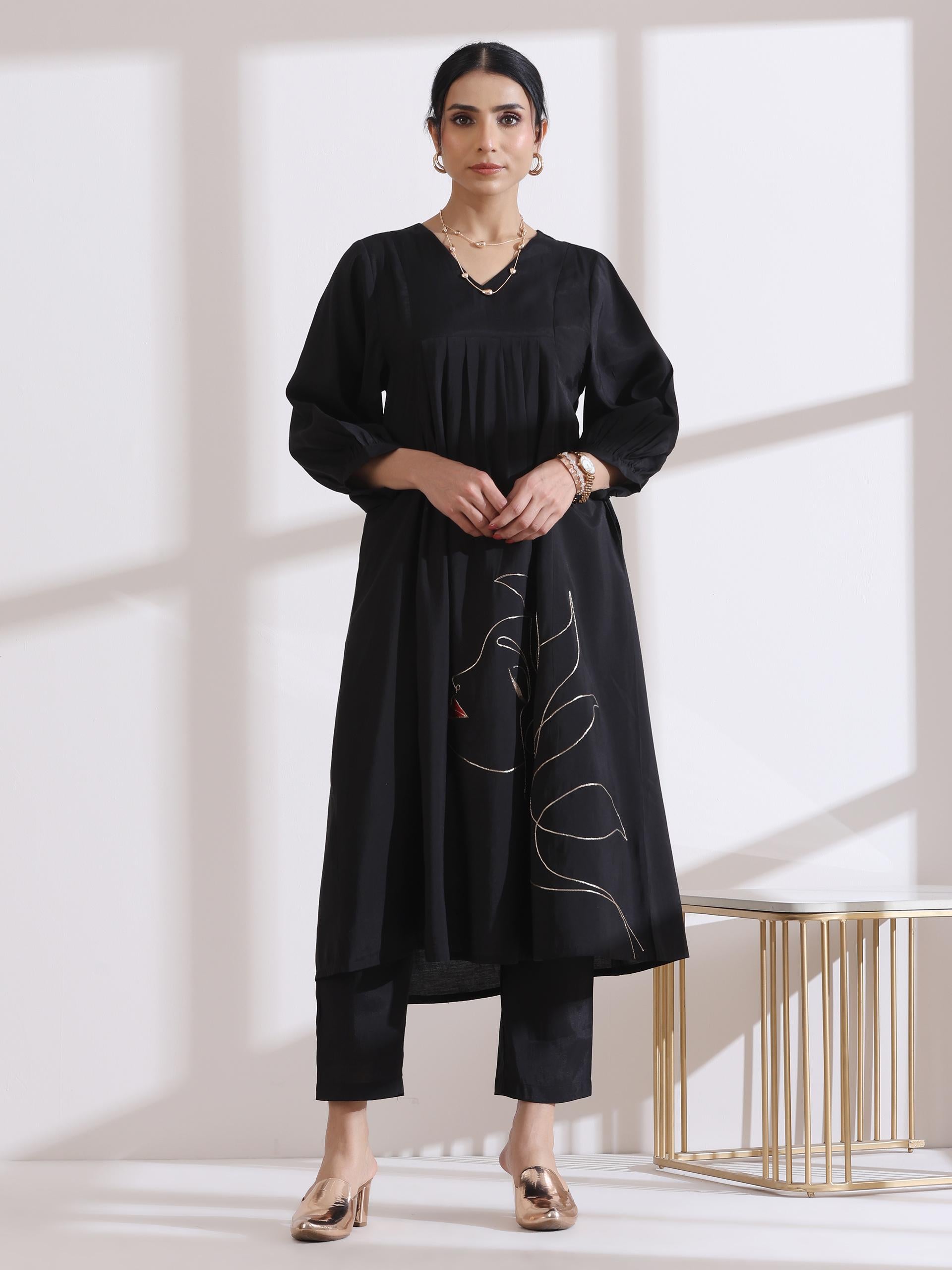 Women's Black Kurta with Girl Embroidery and Pants 2 Piece Set | A-Line, V Neck, 3/4 Sleeves, Work Wear, (AirSkin Cotton Silk Blend)