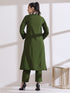 Women's Mehndi Green Kurta with Striped Gold Point Collar 1 Piece | Straight Fit, Collar Neck, 3/4 Sleeves, Work Wear, (AirSkin Cotton Silk Blend)
