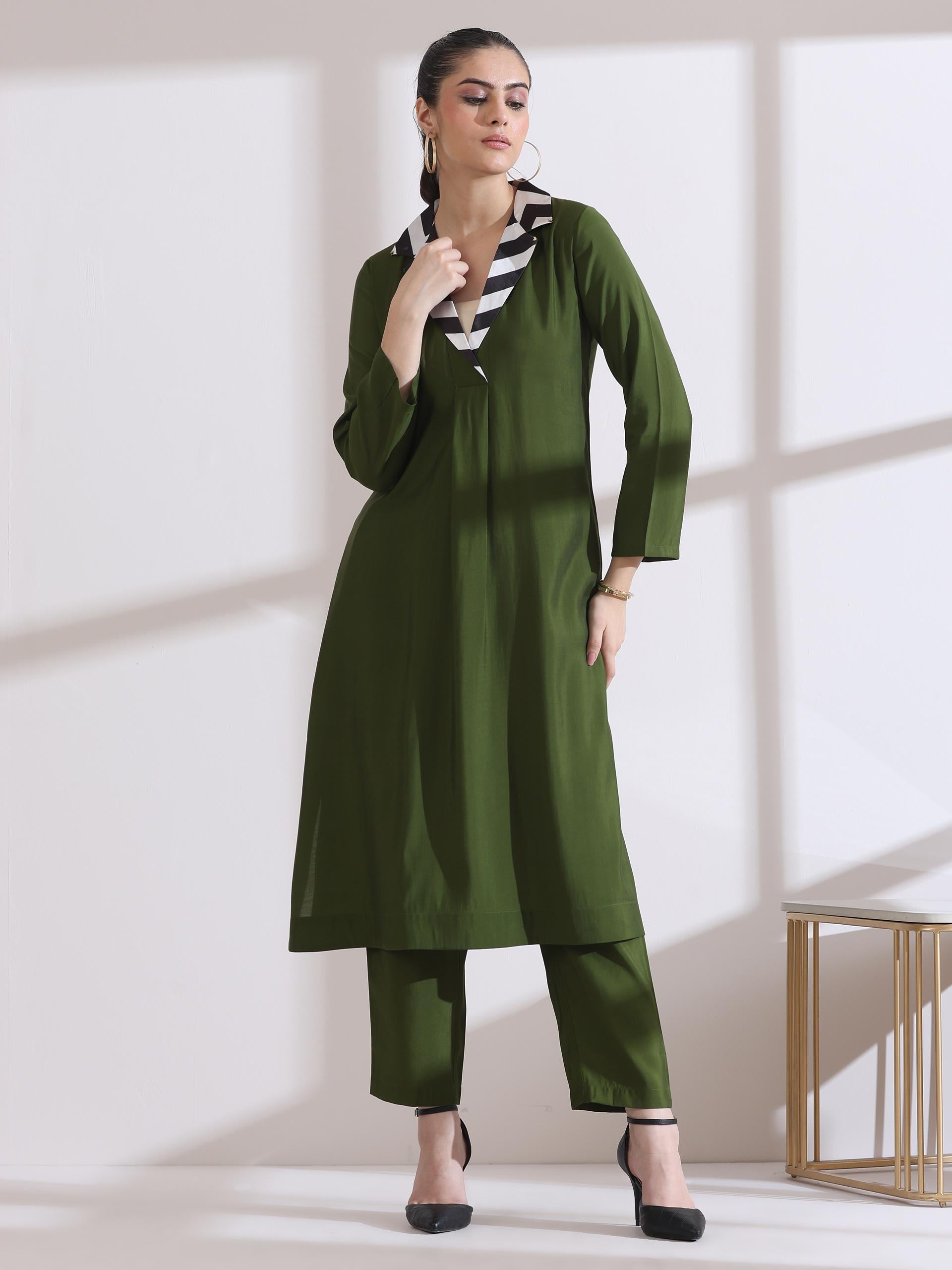 Women's Mehndi Green Kurta with Striped Gold Point Collar and Pants 2 Piece Set | Straight Fit, V Neck, 3/4 Sleeves, Workwear, (AirSkin Cotton Silk Blend)