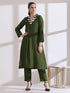 Women's Mehndi Green Kurta with Striped Gold Point Collar 1 Piece | Straight Fit, Collar Neck, 3/4 Sleeves, Work Wear, (AirSkin Cotton Silk Blend)