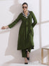 Women's Mehndi Green Kurta with Striped Gold Point Collar 1 Piece | Straight Fit, Collar Neck, 3/4 Sleeves, Work Wear, (AirSkin Cotton Silk Blend)