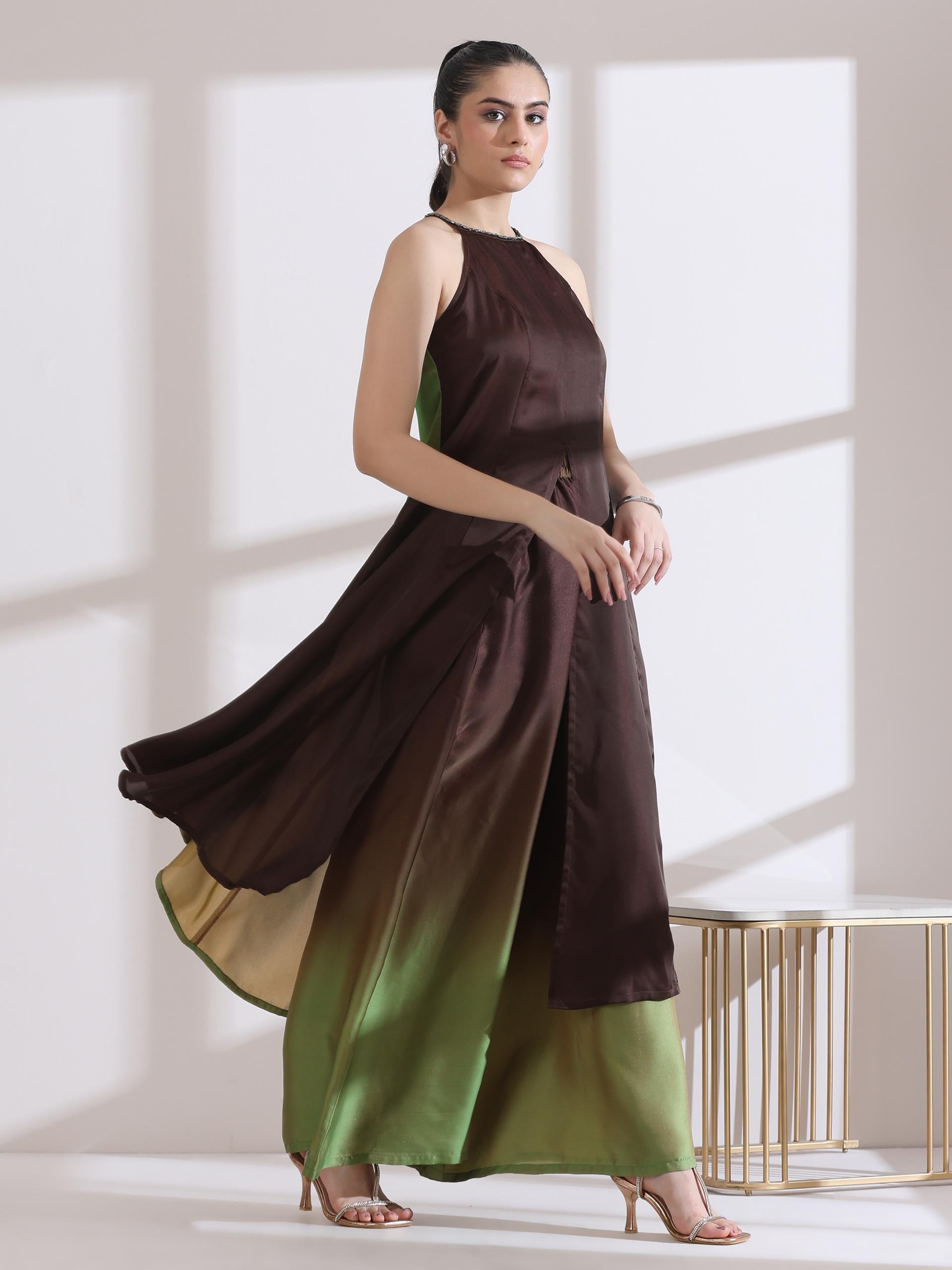 Women's Chocolate Green Chiffon Ombre Satin Kurta with Beads and Palazzo Pants 2 Piece Set | A-Line, Halter Neck, Sleeveless, Partywear, (Chiffon Satin)