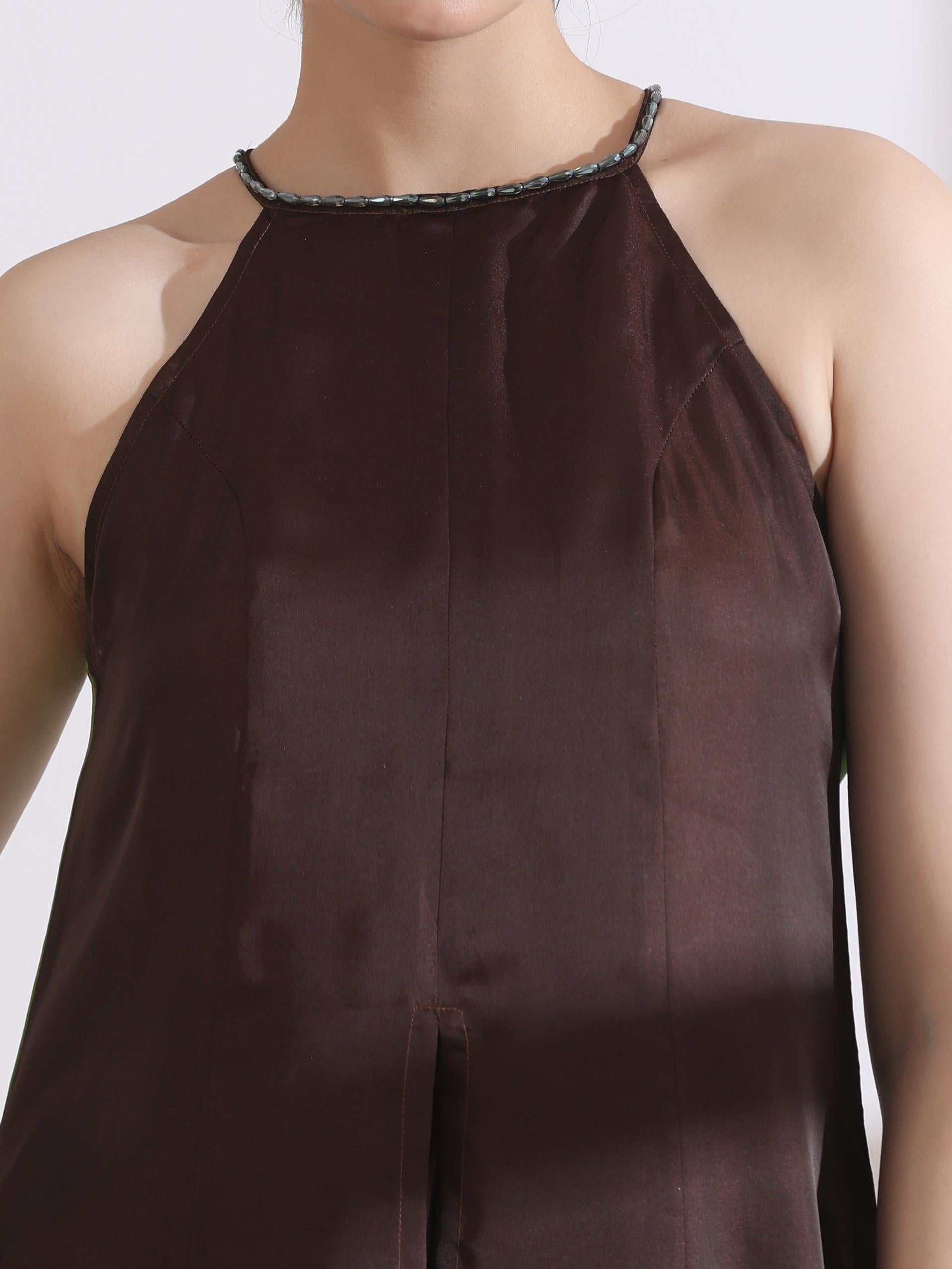 Women's Chocolate Green Chiffon Ombre Satin Kurta with Beads and Palazzo Pants 2 Piece Set | A-Line, Halter Neck, Sleeveless, Partywear, (Chiffon Satin)