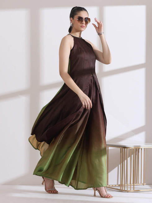 Women's Chocolate Green Chiffon Ombre Satin Kurta with Beads and Palazzo Pants 2 Piece Set | A-Line, Halter Neck, Sleeveless, Partywear, (Chiffon Satin)