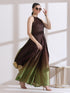 Women's Chocolate Green Chiffon Ombre Satin Kurta with Beads and Palazzo Pants 2 Piece Set | A-Line, Halter Neck, Sleeveless, Partywear, (Chiffon Satin)