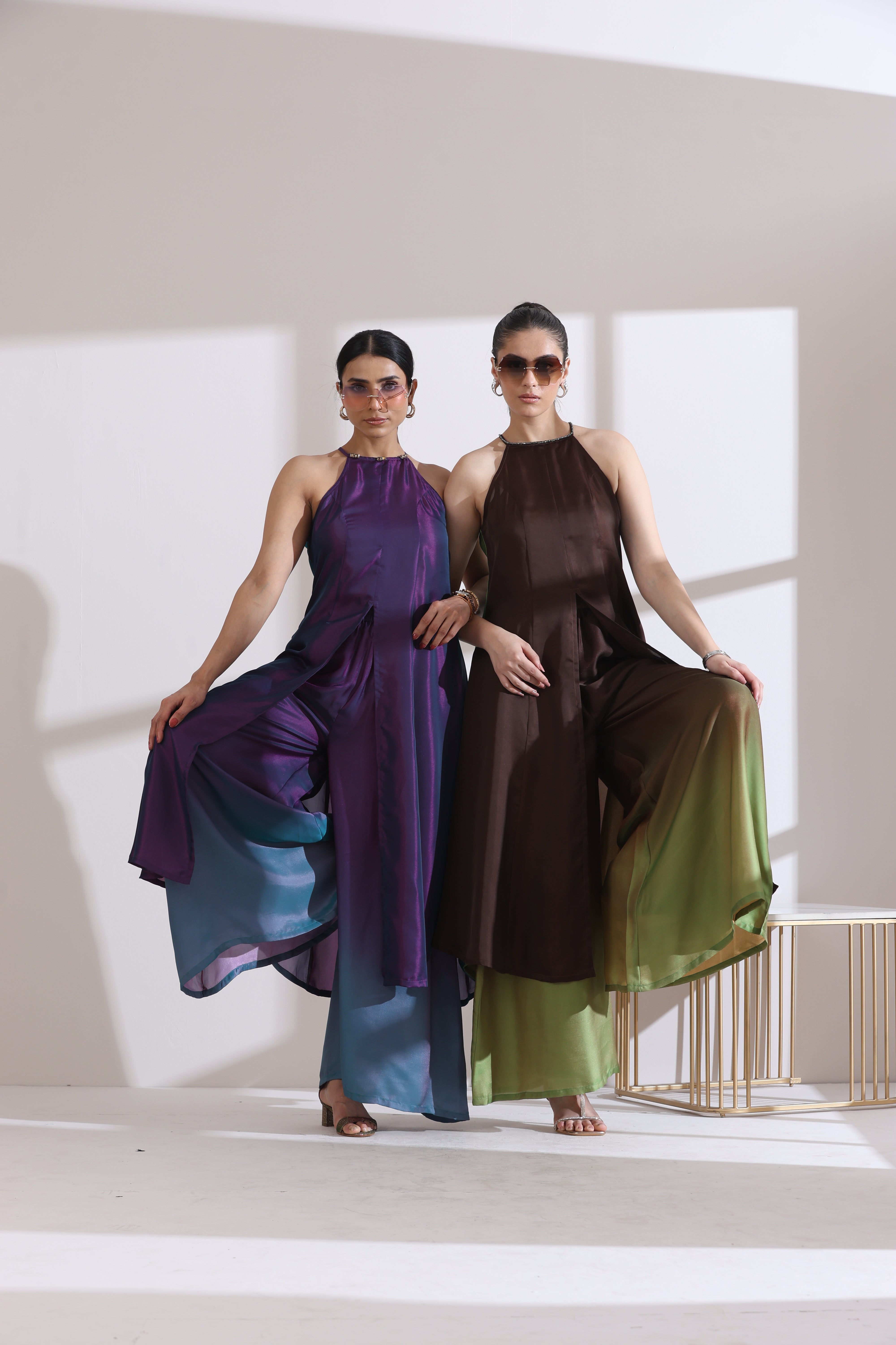 Women's Rarity Chiffon Satin Ombre Halter Kurta with Beads and Palazzo Pants 2 Piece Set | Straight Fit, Halter Neck, Sleeveless, Partywear, (Chiffon Satin)